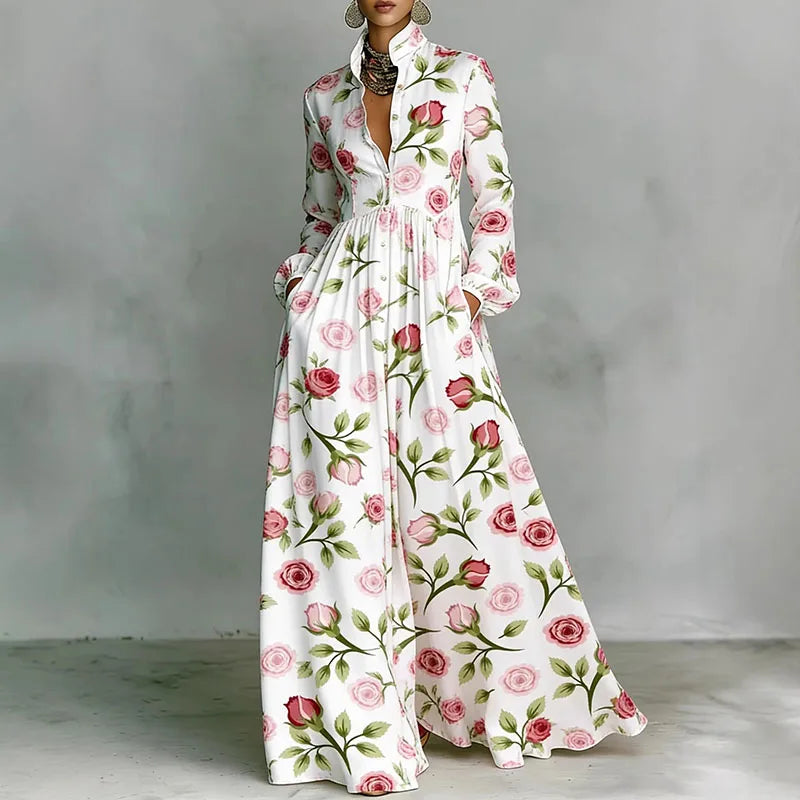 Women's Geometric Print Maxi Dress Long Sleeve High-Waist Pleated Shirt Collar Button-Front Boho Vacation - Victrafia