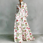 Women's Geometric Print Maxi Dress Long Sleeve High-Waist Pleated Shirt Collar Button-Front Boho Vacation - Victrafia