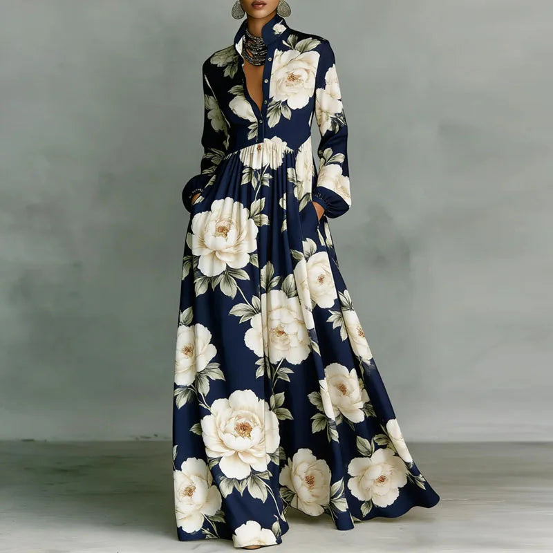Women's Geometric Print Maxi Dress Long Sleeve High-Waist Pleated Shirt Collar Button-Front Boho Vacation - Victrafia
