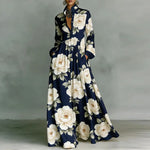 Women's Geometric Print Maxi Dress Long Sleeve High-Waist Pleated Shirt Collar Button-Front Boho Vacation - Victrafia