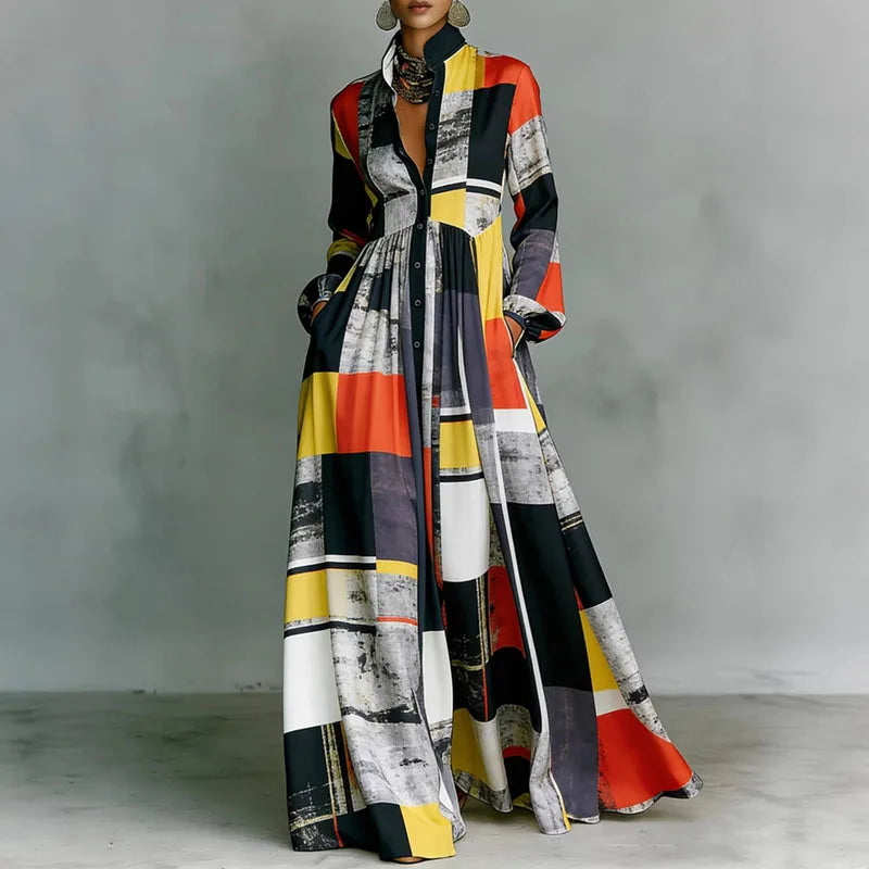 Women's Geometric Print Maxi Dress Long Sleeve High-Waist Pleated Shirt Collar Button-Front Boho Vacation - Victrafia