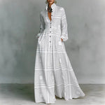 Women's Geometric Print Maxi Dress Long Sleeve High-Waist Pleated Shirt Collar Button-Front Boho Vacation - Victrafia