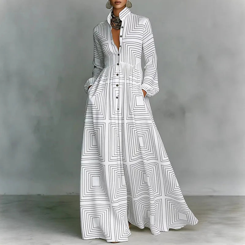 Women's Geometric Print Maxi Dress Long Sleeve High-Waist Pleated Shirt Collar Button-Front Boho Vacation - Victrafia