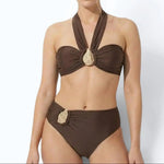 Women's Halter Bikini Set High-Waisted Two-Piece Swimsuit Gold Accent Beach Vacation - Victrafia