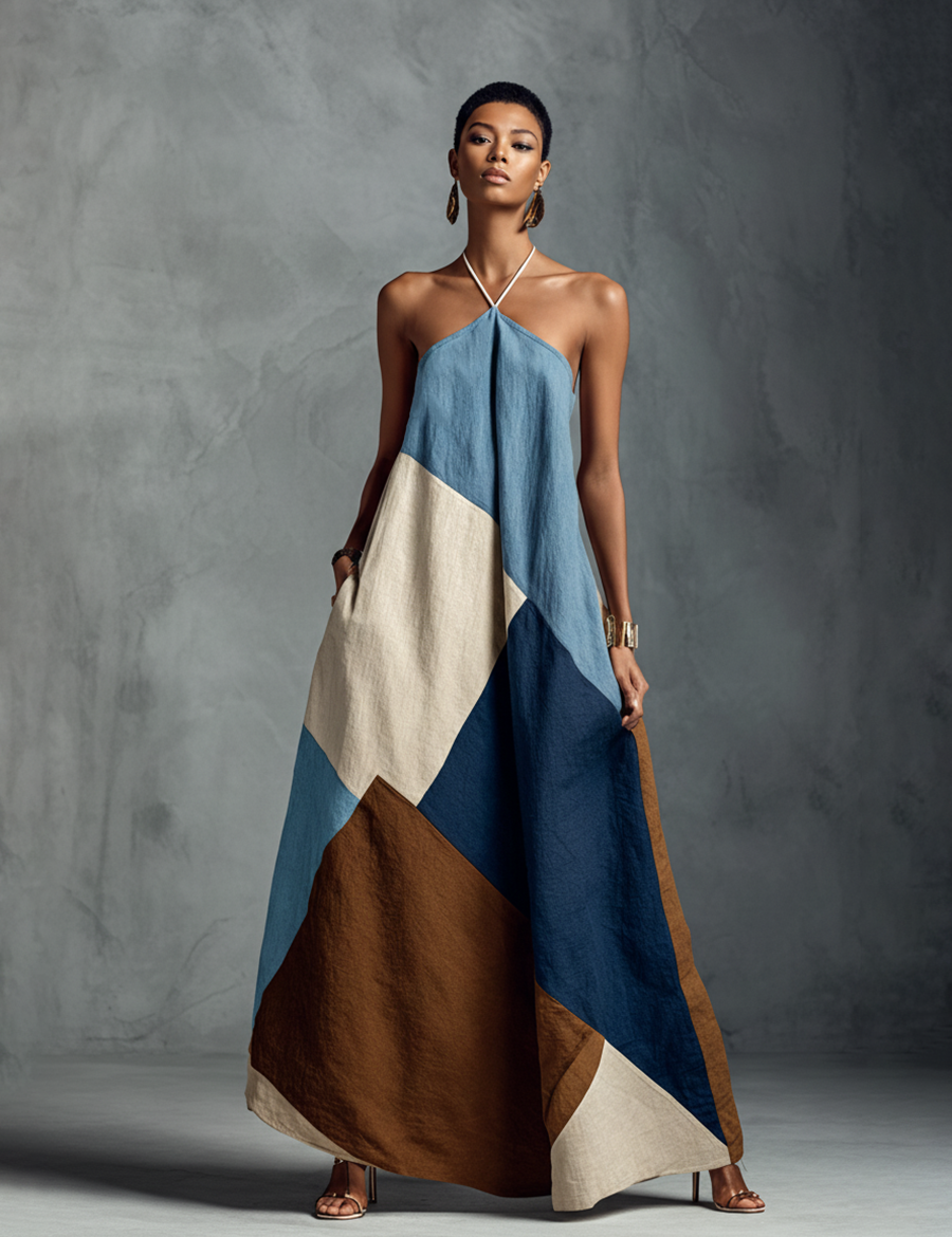 Women's Halter Maxi Dress Bohemian Patchwork Colorblock Flowy Summer Resort Vacation - Victrafia
