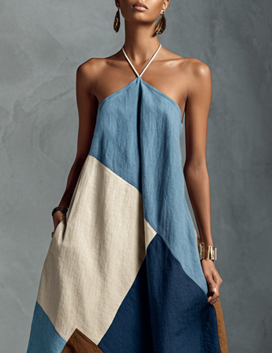 Women's Halter Maxi Dress Bohemian Patchwork Colorblock Flowy Summer Resort Vacation - Victrafia