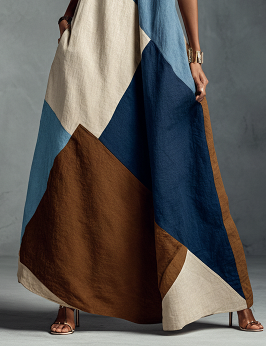 Women's Halter Maxi Dress Bohemian Patchwork Colorblock Flowy Summer Resort Vacation - Victrafia