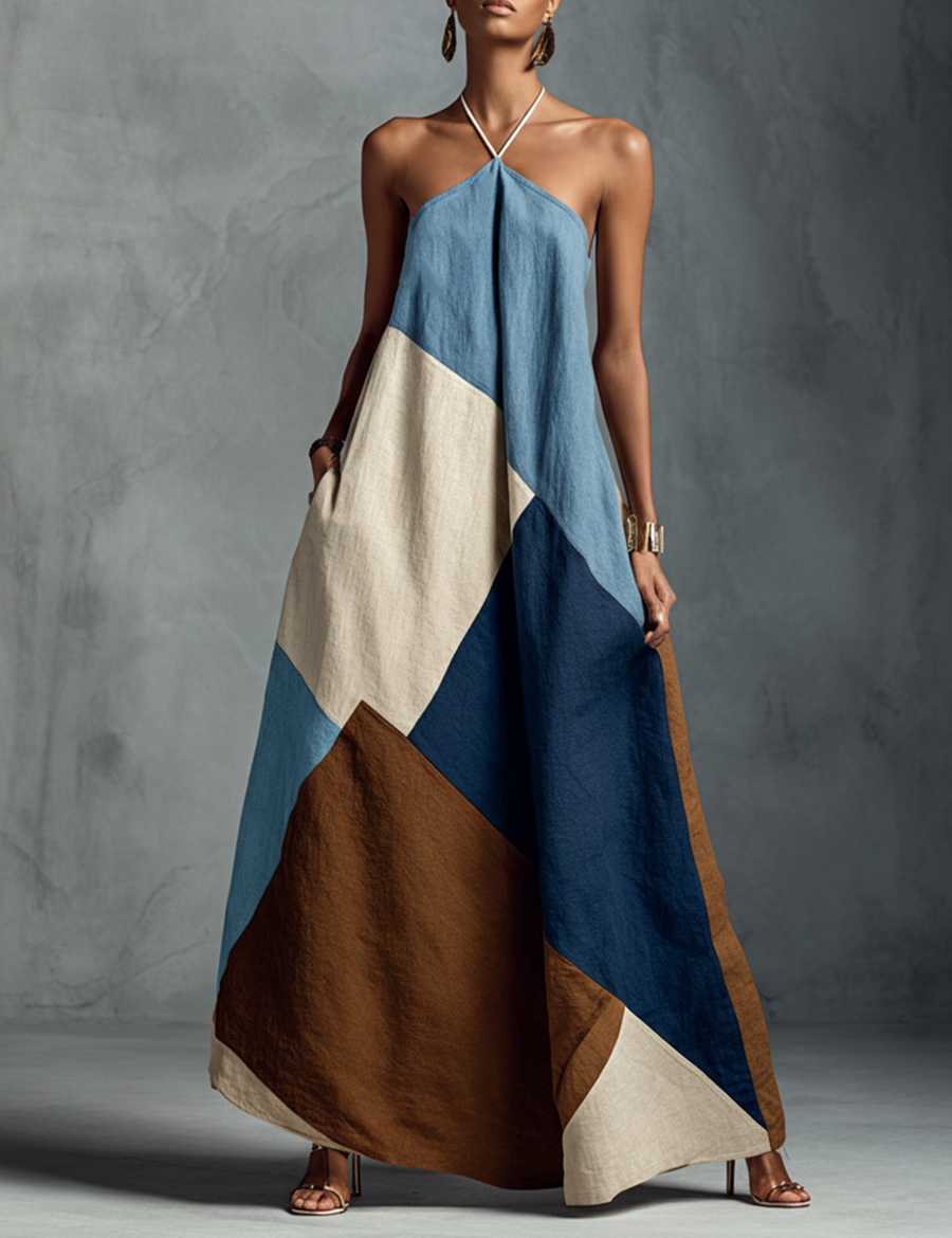 Women's Halter Maxi Dress Bohemian Patchwork Colorblock Flowy Summer Resort Vacation - Victrafia