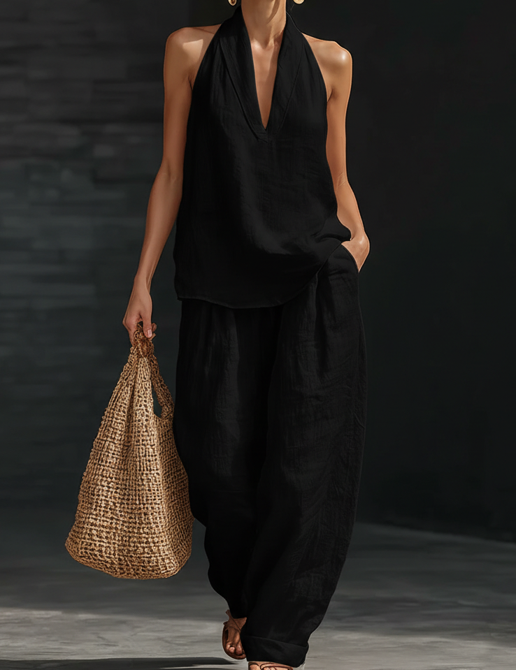 Women's Halter Neck Two-Piece Set Wide-Leg Pants Summer Casual Outfit - Victrafia