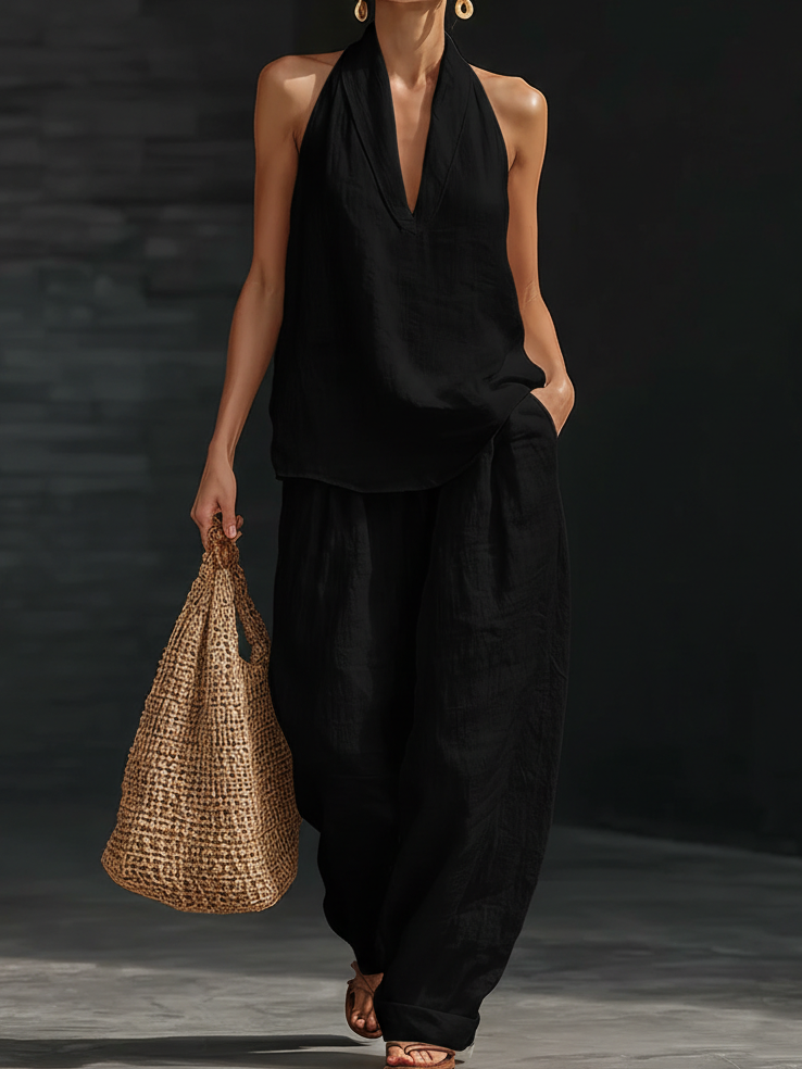Women's Halter Neck Two-Piece Set Wide-Leg Pants Summer Casual Outfit - Victrafia