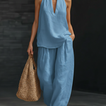 Women's Halter Neck Two-Piece Set Wide-Leg Pants Summer Casual Outfit - Victrafia