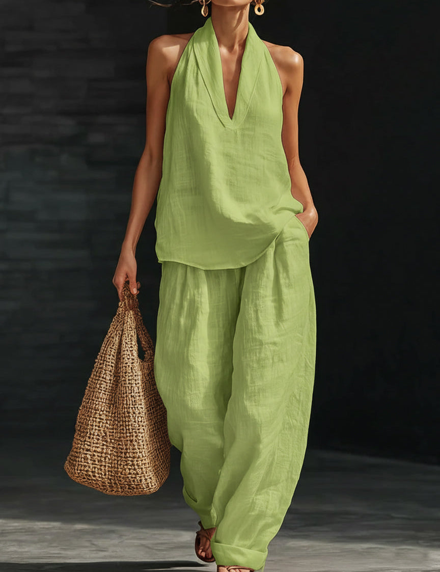 Women's Halter Neck Two-Piece Set Wide-Leg Pants Summer Casual Outfit - Victrafia