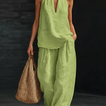 Women's Halter Neck Two-Piece Set Wide-Leg Pants Summer Casual Outfit - Victrafia