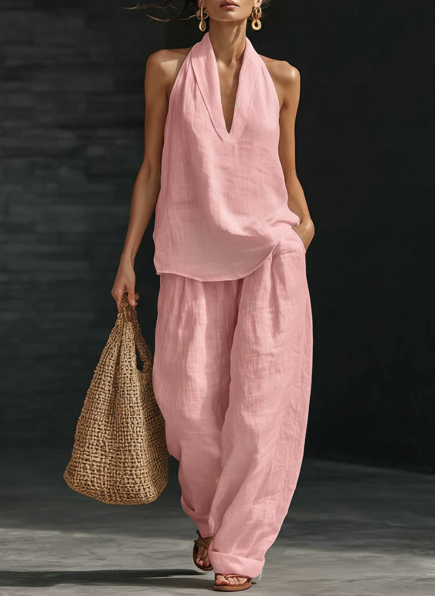 Women's Halter Neck Two-Piece Set Wide-Leg Pants Summer Casual Outfit - Victrafia