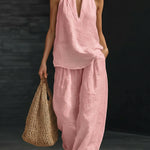 Women's Halter Neck Two-Piece Set Wide-Leg Pants Summer Casual Outfit - Victrafia