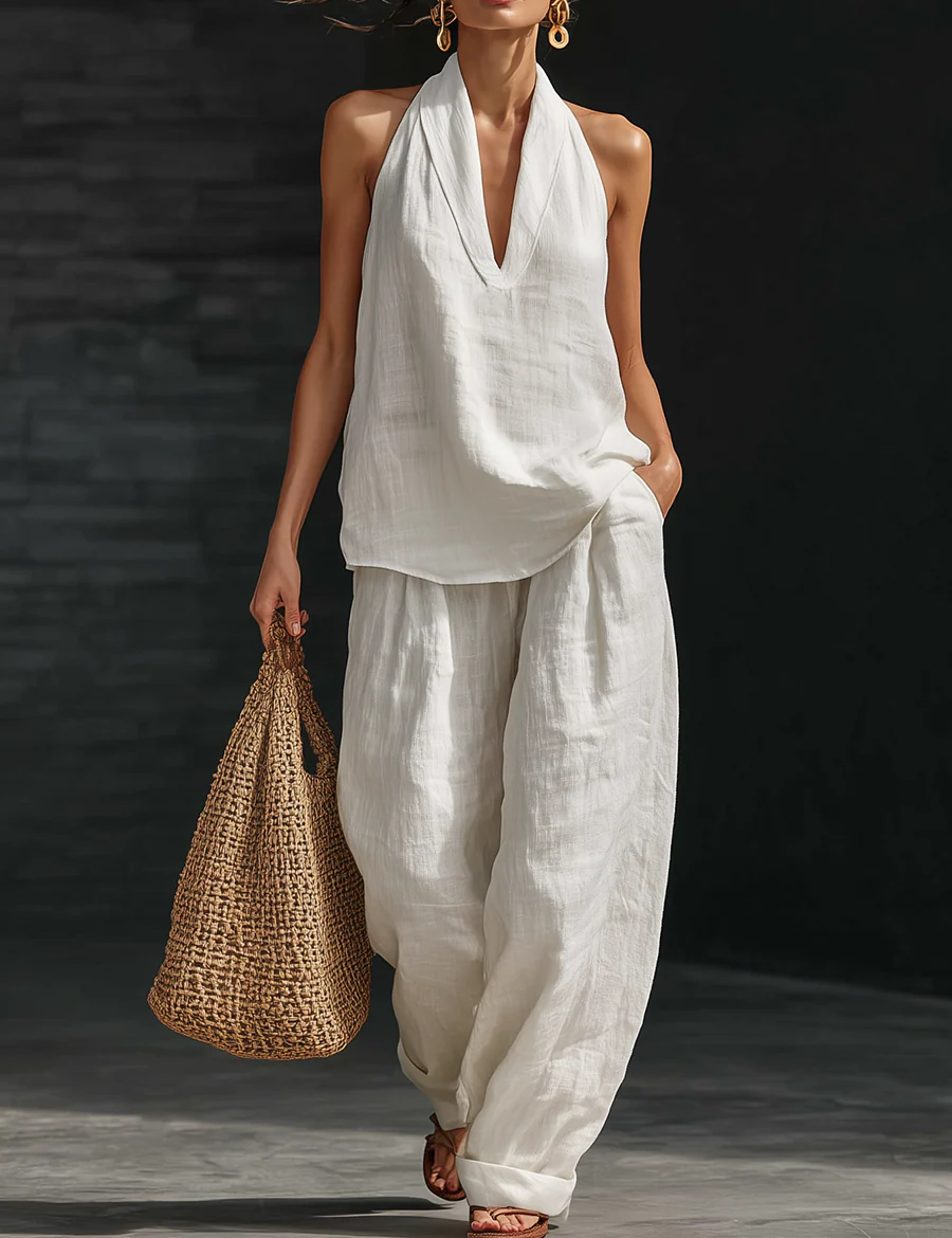 Women's Halter Neck Two-Piece Set Wide-Leg Pants Summer Casual Outfit - Victrafia