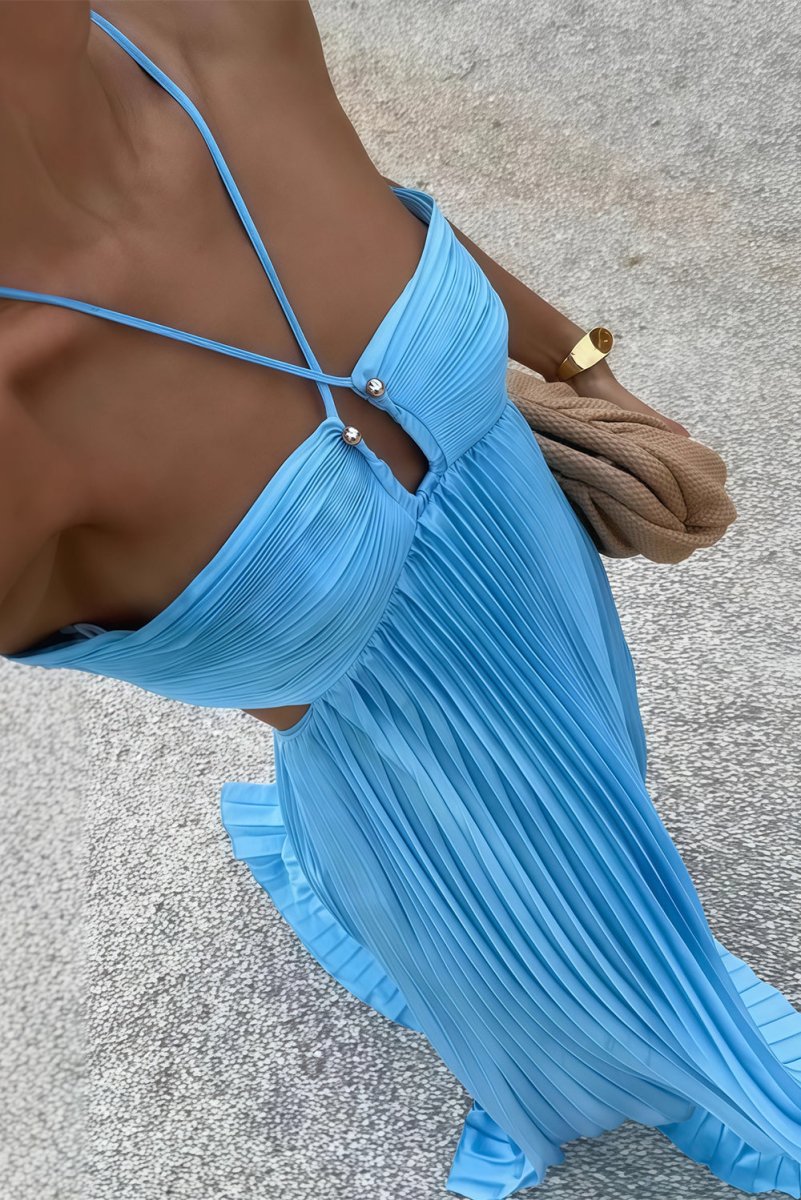 Women's Halter Pleated Maxi Dress Wedding Guest Formal Evening Gown Backless Prom - Victrafia