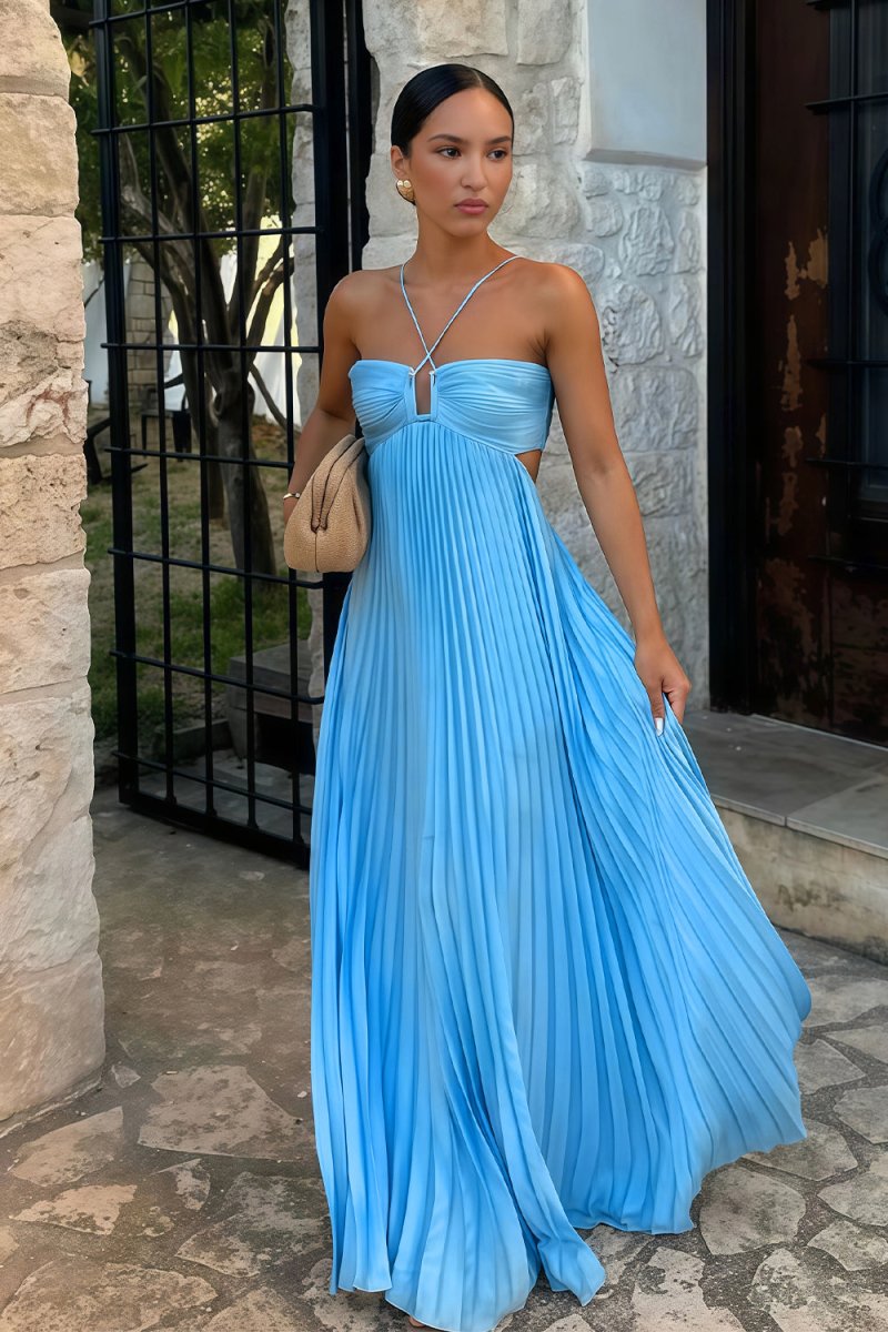 Women's Halter Pleated Maxi Dress Wedding Guest Formal Evening Gown Backless Prom - Victrafia