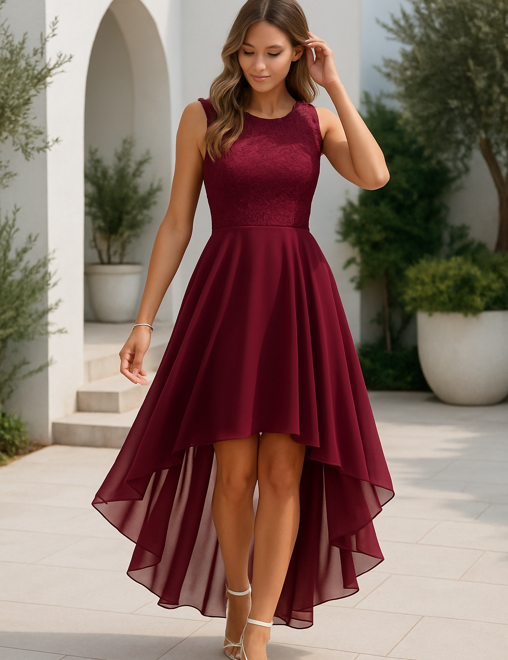 Women's Hi-Low Midi Dress Sleeveless Lace Bodice Layered Skirt Wedding Guest Formal Evening Gown - Victrafia