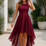 Women's Hi-Low Midi Dress Sleeveless Lace Bodice Layered Skirt Wedding Guest Formal Evening Gown - Victrafia