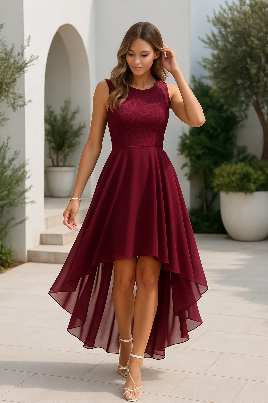 Women's Hi-Low Midi Dress Sleeveless Lace Bodice Layered Skirt Wedding Guest Formal Evening Gown - Victrafia