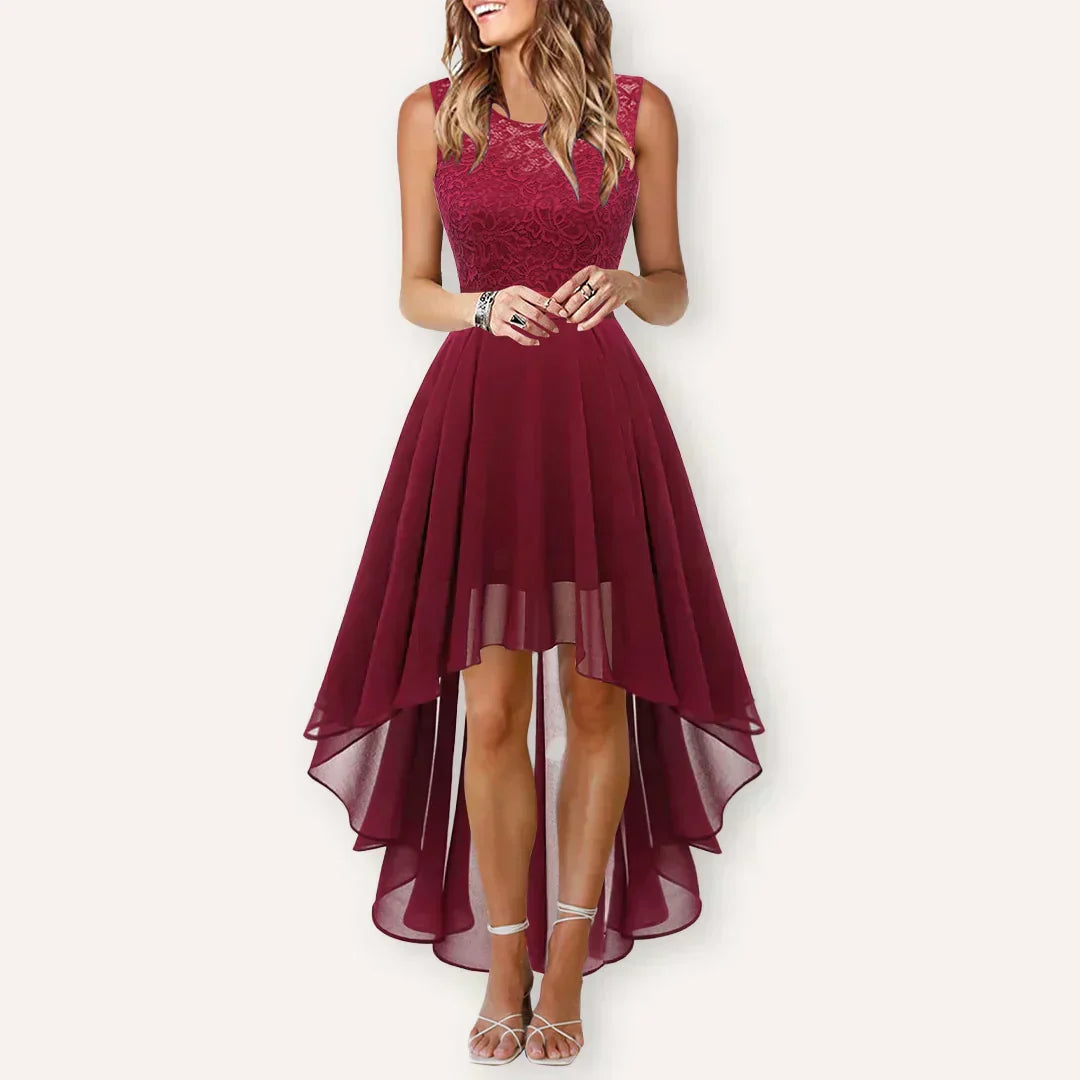 Women's Hi-Low Midi Dress Sleeveless Lace Bodice Layered Skirt Wedding Guest Formal Evening Gown - Victrafia
