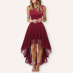 Women's Hi-Low Midi Dress Sleeveless Lace Bodice Layered Skirt Wedding Guest Formal Evening Gown - Victrafia