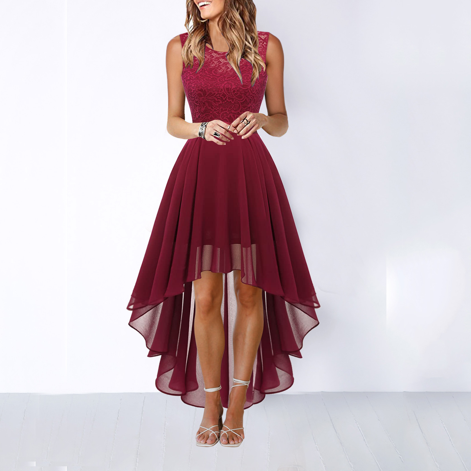 Women's Hi-Low Midi Dress Sleeveless Lace Bodice Layered Skirt Wedding Guest Formal Evening Gown - Victrafia