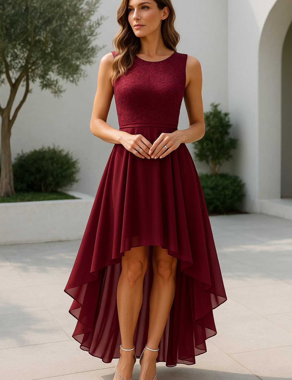 Women's Hi-Low Midi Dress Sleeveless Lace Bodice Layered Skirt Wedding Guest Formal Evening Gown - Victrafia