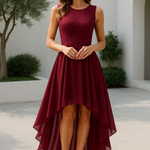 Women's Hi-Low Midi Dress Sleeveless Lace Bodice Layered Skirt Wedding Guest Formal Evening Gown - Victrafia