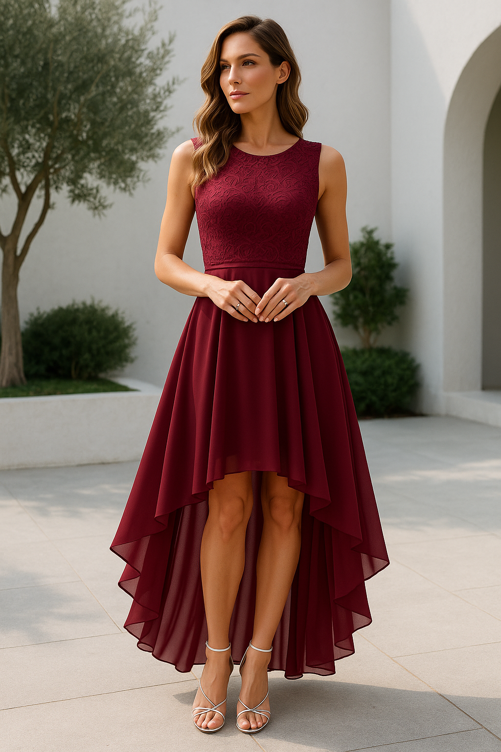 Women's Hi-Low Midi Dress Sleeveless Lace Bodice Layered Skirt Wedding Guest Formal Evening Gown - Victrafia