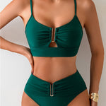 Women's High-Waisted Bikini Set Ruched Two-Piece Metal V-Bar Swimsuit Beach Vacation Resort - Victrafia