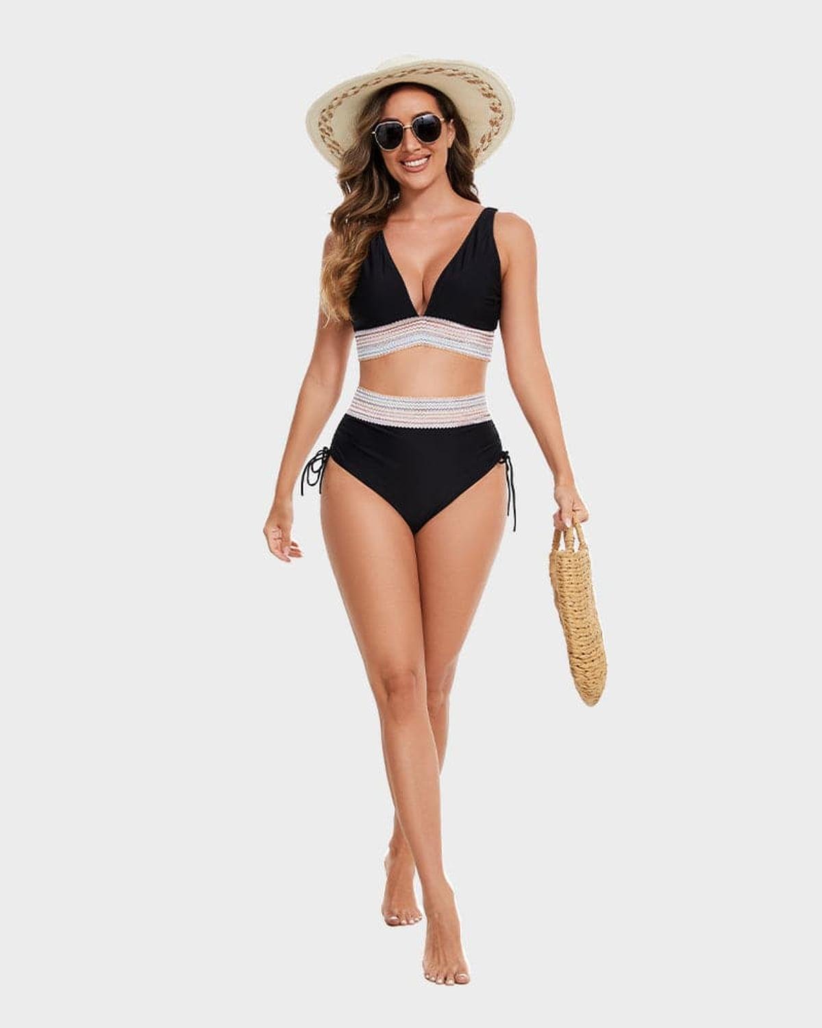 Women's High-Waisted Halter Bikini Set Tummy Control Tie-Side Beach Vacation Two-Piece Swimsuit - Victrafia