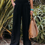 Women's High-Waisted Wide Leg Pants Smocked Waist Flowy Beach Vacation Summer - Victrafia