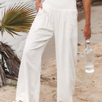 Women's High-Waisted Wide Leg Pants Smocked Waist Flowy Beach Vacation Summer - Victrafia