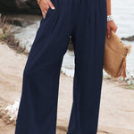 Women's High-Waisted Wide Leg Pants Smocked Waist Flowy Beach Vacation Summer - Victrafia