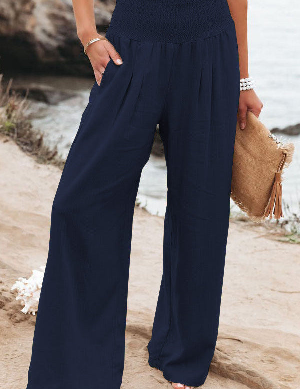 Women's High-Waisted Wide Leg Pants Smocked Waist Flowy Beach Vacation Summer - Victrafia