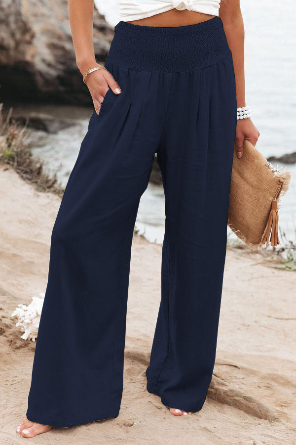 Women's High-Waisted Wide Leg Pants Smocked Waist Flowy Beach Vacation Summer - Victrafia