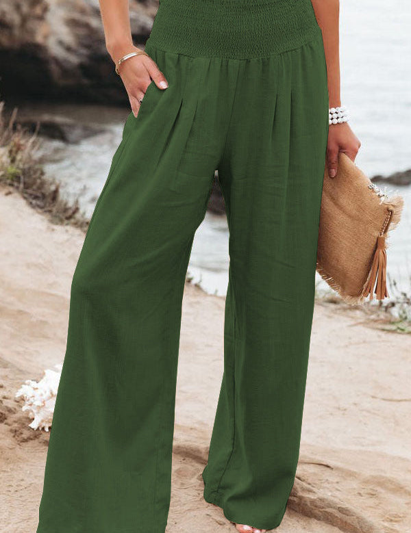 Women's High-Waisted Wide Leg Pants Smocked Waist Flowy Beach Vacation Summer - Victrafia