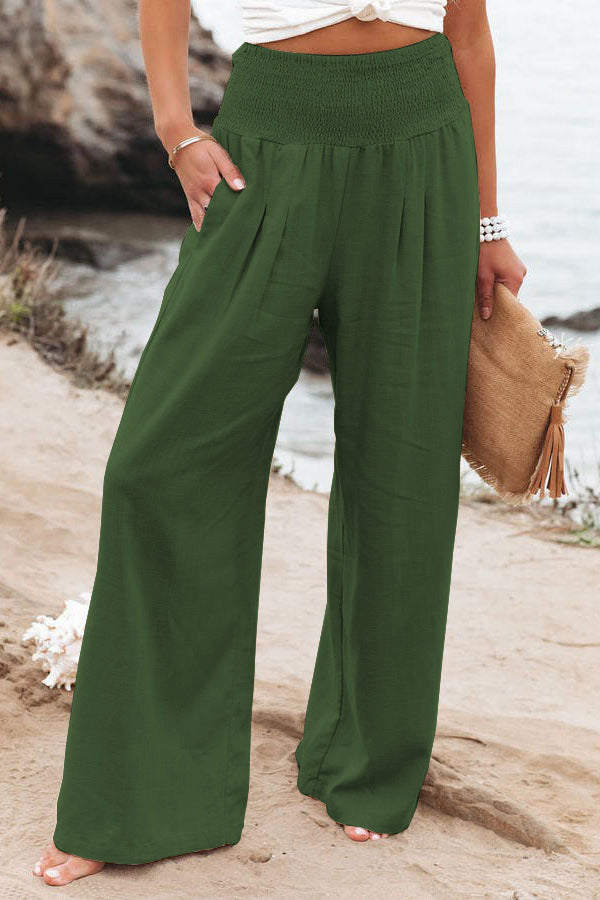 Women's High-Waisted Wide Leg Pants Smocked Waist Flowy Beach Vacation Summer - Victrafia