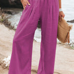 Women's High-Waisted Wide Leg Pants Smocked Waist Flowy Beach Vacation Summer - Victrafia