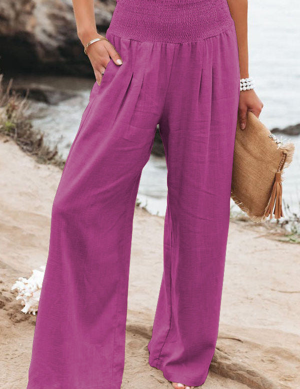 Women's High-Waisted Wide Leg Pants Smocked Waist Flowy Beach Vacation Summer - Victrafia