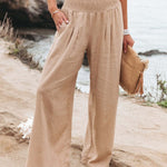 Women's High-Waisted Wide Leg Pants Smocked Waist Flowy Beach Vacation Summer - Victrafia