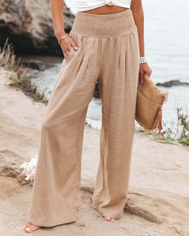 Women's High-Waisted Wide Leg Pants Smocked Waist Flowy Beach Vacation Summer - Victrafia