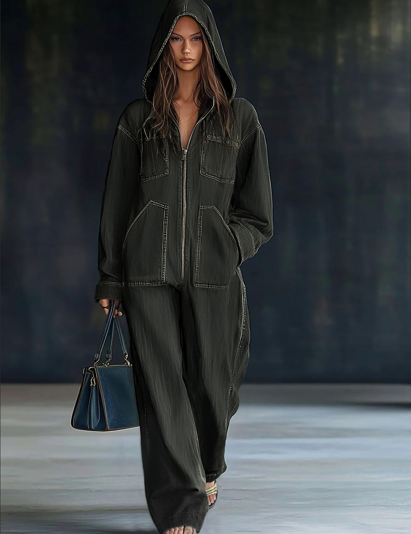 Women's Hooded Denim Jumpsuit Loose Fit Long Sleeve Zip-Up Wide Leg Casual Streetwear - Victrafia