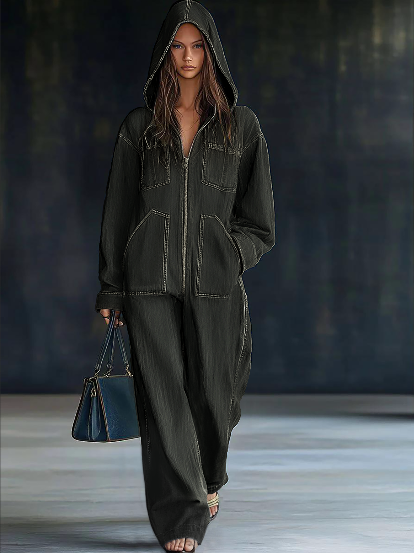 Women's Hooded Denim Jumpsuit Loose Fit Long Sleeve Zip-Up Wide Leg Casual Streetwear - Victrafia