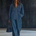 Women's Hooded Denim Jumpsuit Loose Fit Long Sleeve Zip-Up Wide Leg Casual Streetwear - Victrafia