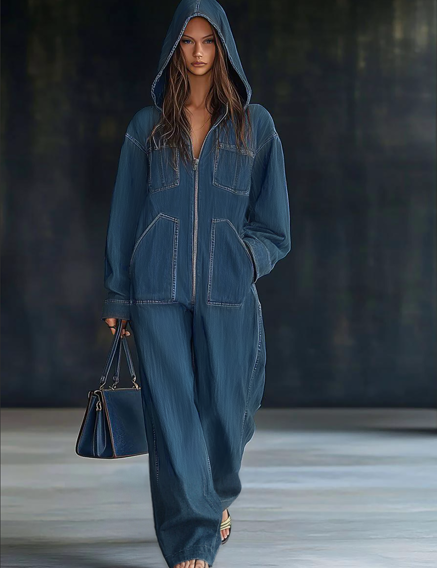 Women's Hooded Denim Jumpsuit Loose Fit Long Sleeve Zip-Up Wide Leg Casual Streetwear - Victrafia