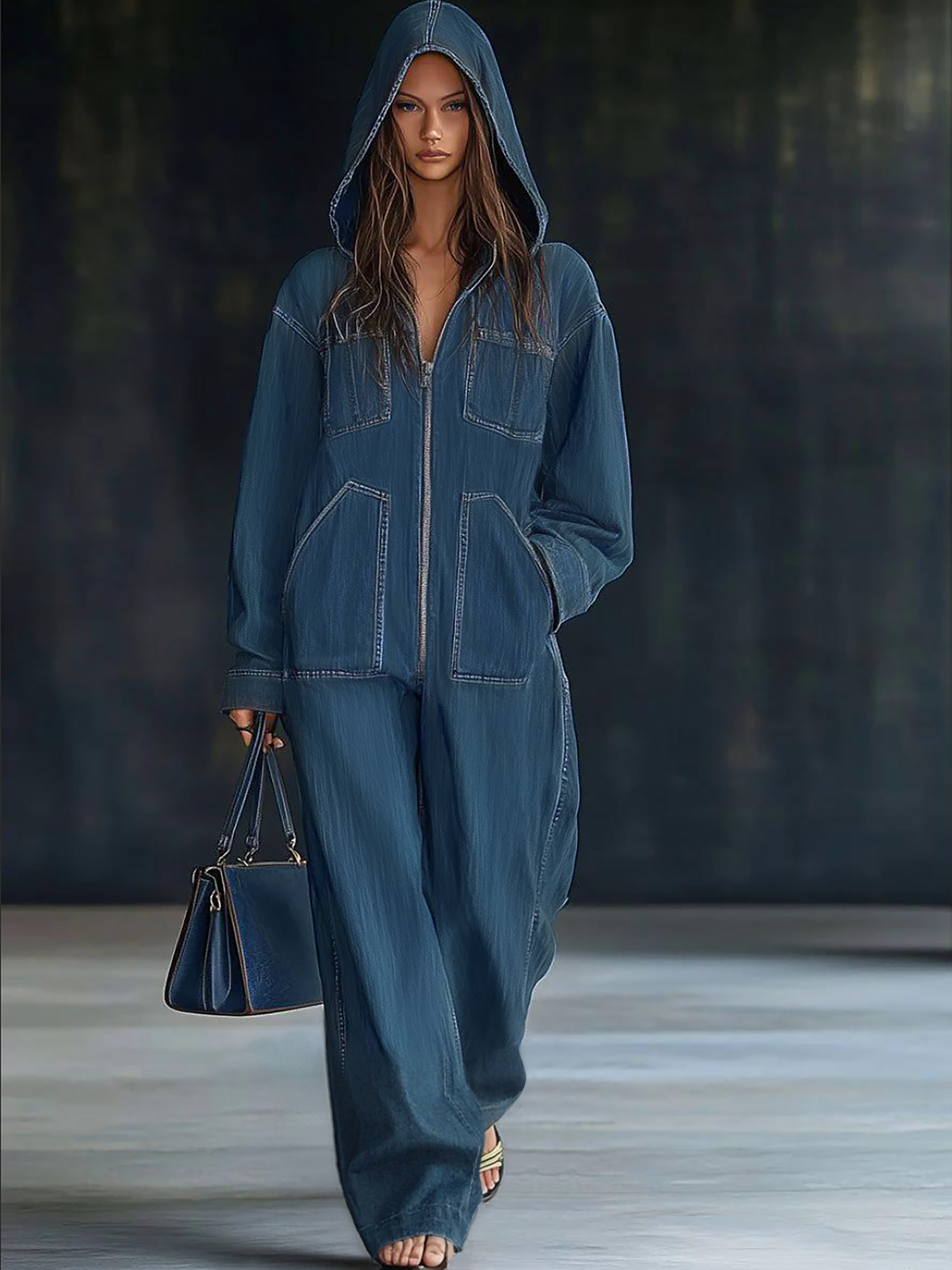 Women's Hooded Denim Jumpsuit Loose Fit Long Sleeve Zip-Up Wide Leg Casual Streetwear - Victrafia