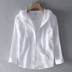 Women's Hooded Linen Blend Blouse Button Placket Loose Fit Casual Summer Top - Victrafia